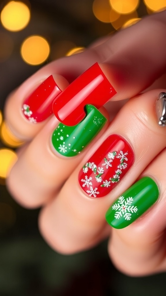 Close-up of Christmas jelly nails in red and green with glitter and stickers, set against a festive background.